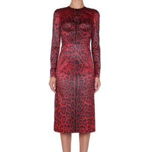Dolce & Gabbana Leopard Print Bustier Long Sleeve Dress In Rosso size 40